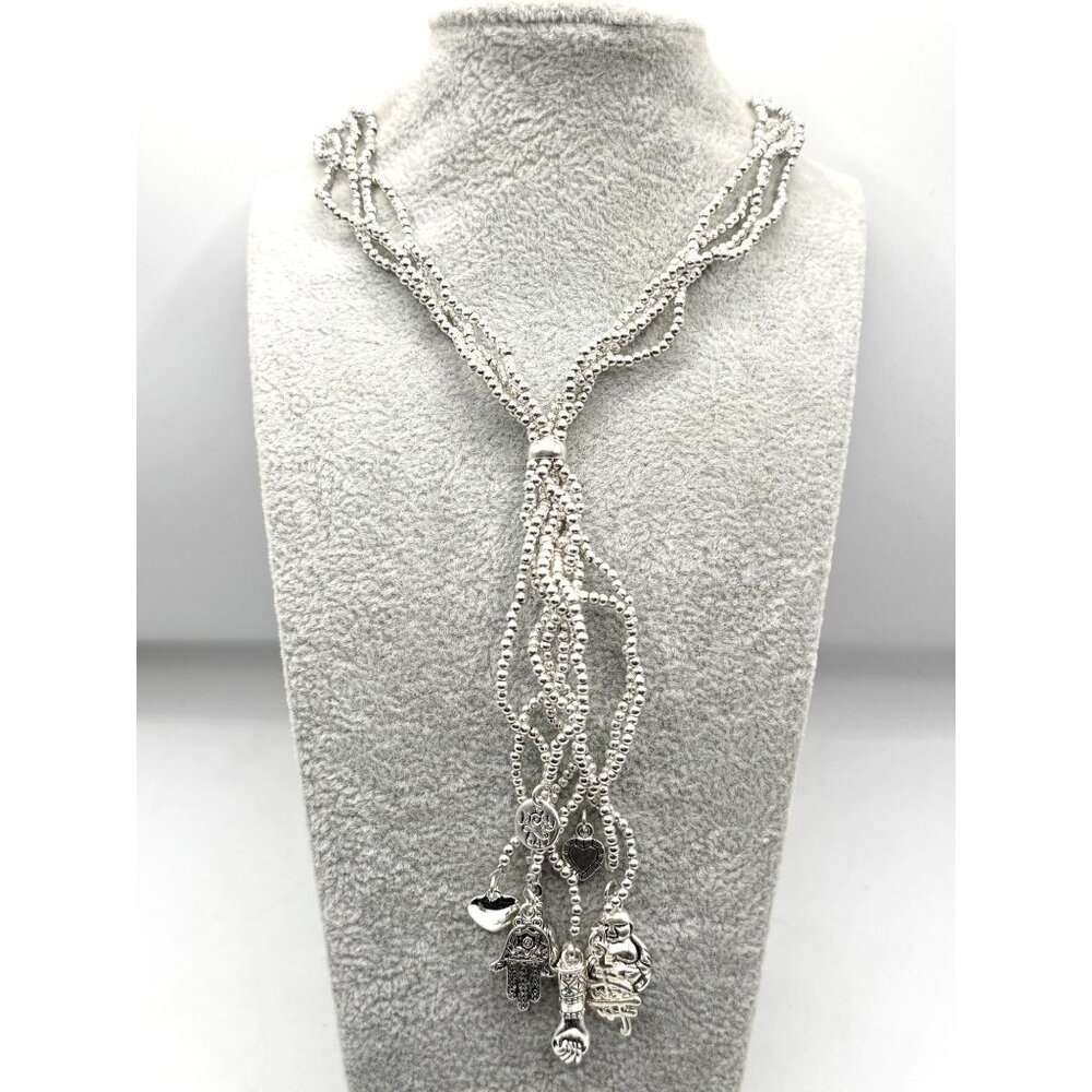 Beaded tassel silver tone lucky charm necklace